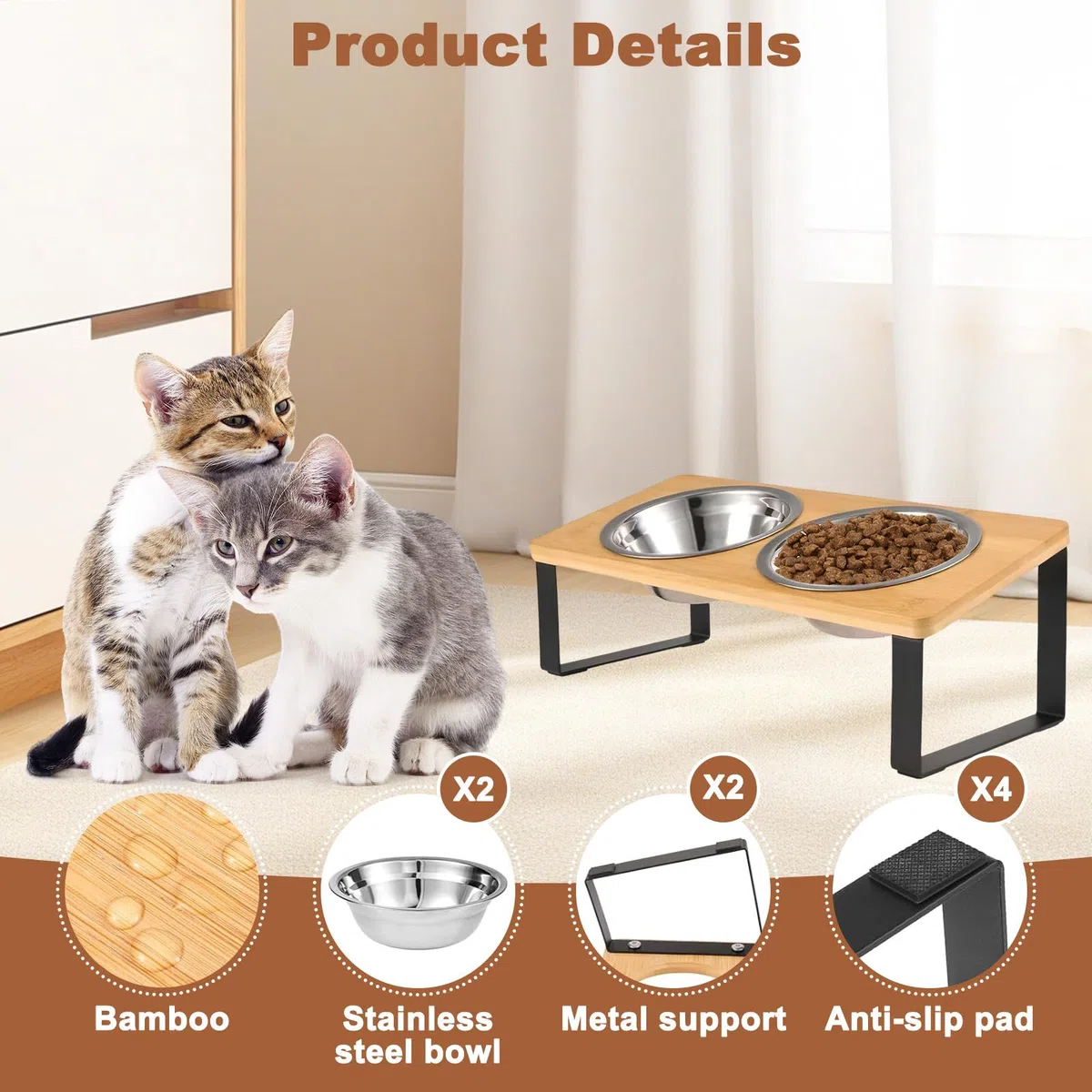 Comedero Gato Elevado con Soporte Bambú & Antideslizante Alfombrilla, Cuencos Perro 250ml Acero Inoxidable Dos, Soporte Madera Inclinado 15º, Comederos para Gatos y Perros Pequeños
