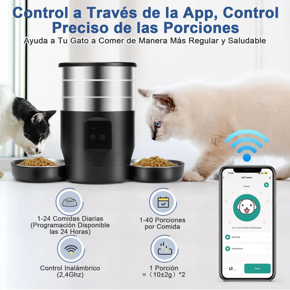 5L Comedero Gato Automatico 2 Tazones para Gatos Perros, 2.4G WiFi Acero Inoxidable Diseño Antiobstrucción Temporizador 24h 10 Comidas por Día 1-40 Porciones, Dispensador Automatico Perro Gato
