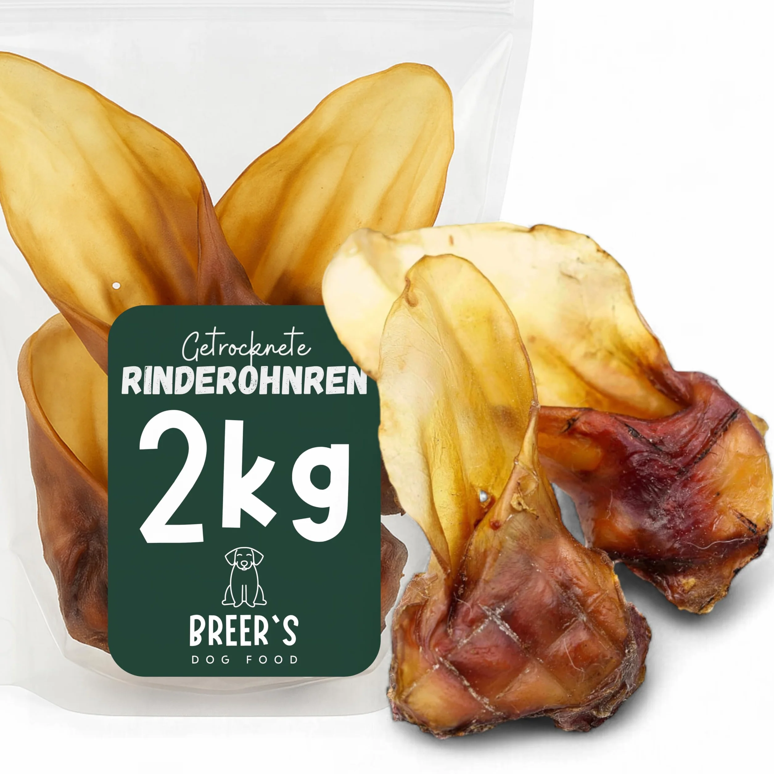 BREERs - Orejas de Vacuno Secas con Concha para Perros, Premios Perros, 2 kg, de Fabricación Alemana Propia, Artículo para Masticar Grandes y Pequeños
