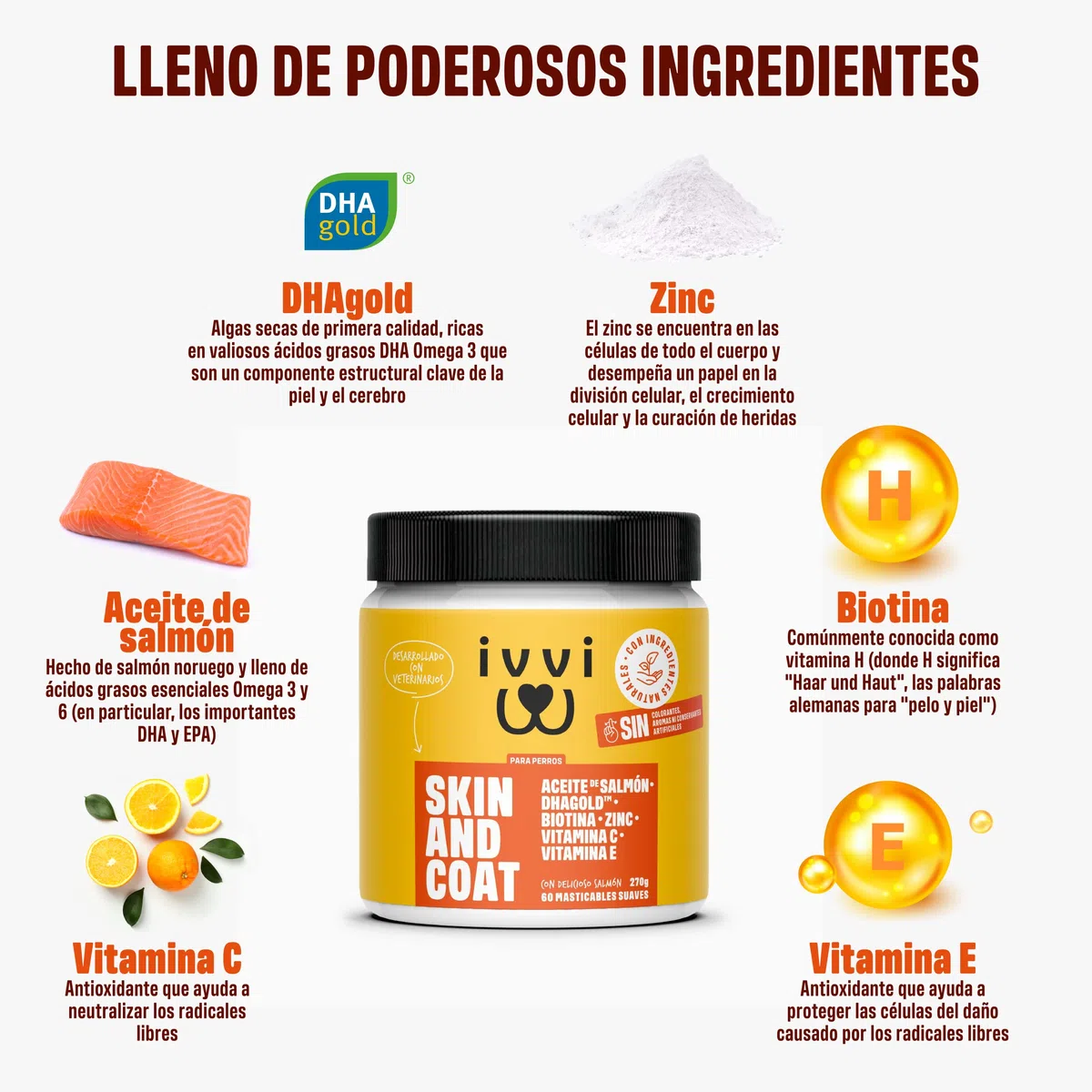 ivvi Skin & Coat Complemento Alimenticio para Perros, Anti-Picor, Pelaje Suave y Brillante - Omega 3, Aceite de Salmón, DHAgold, Vitaminas C, E y Zinc - 60 Golosinas de Salmón