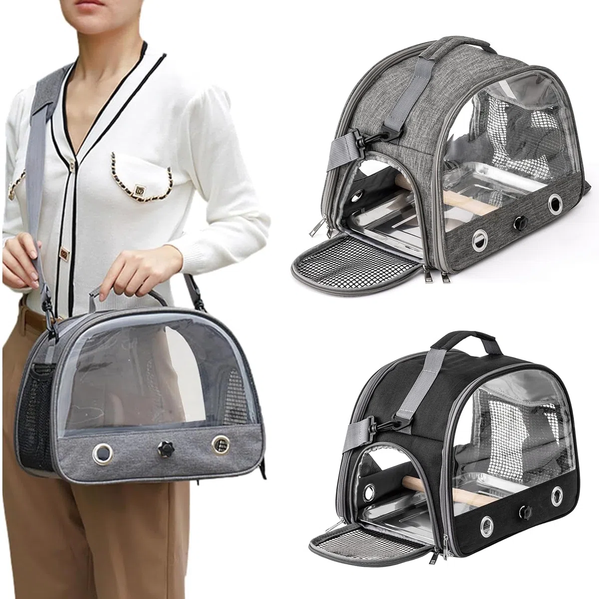 Jaula De Viaje para Pájaros con Percha Y Bandeja, Bolsa De Transporte para Pájaros, Transportador Portátil para, Bolsa De Viaje para Loros, para Periquitos y Loros Pequeños, Negro