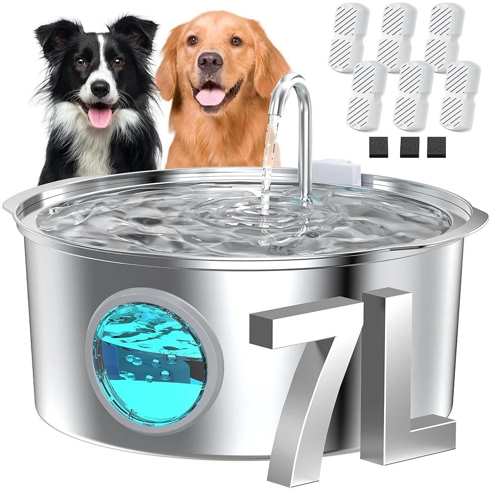 Fuente para Gatos Acero Inoxidable: 7L/236oz Fuente para Perros - GROOKPET Bebedero Súper Silencioso - Luz LED - Apto para Perros Grandes, Gatos y Hogares con Varias Mascotas con 6 Filtros+3 Esponjas