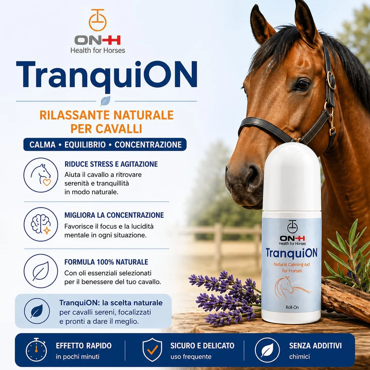 ON-H TranquiON Roll-On para Caballos | Gel Calmante Natural | Aplicación Localizada con Roll-On | Ideal antes de Transporte, Competición y Entrenamiento | Calmante sin Sedación | Uso Diario