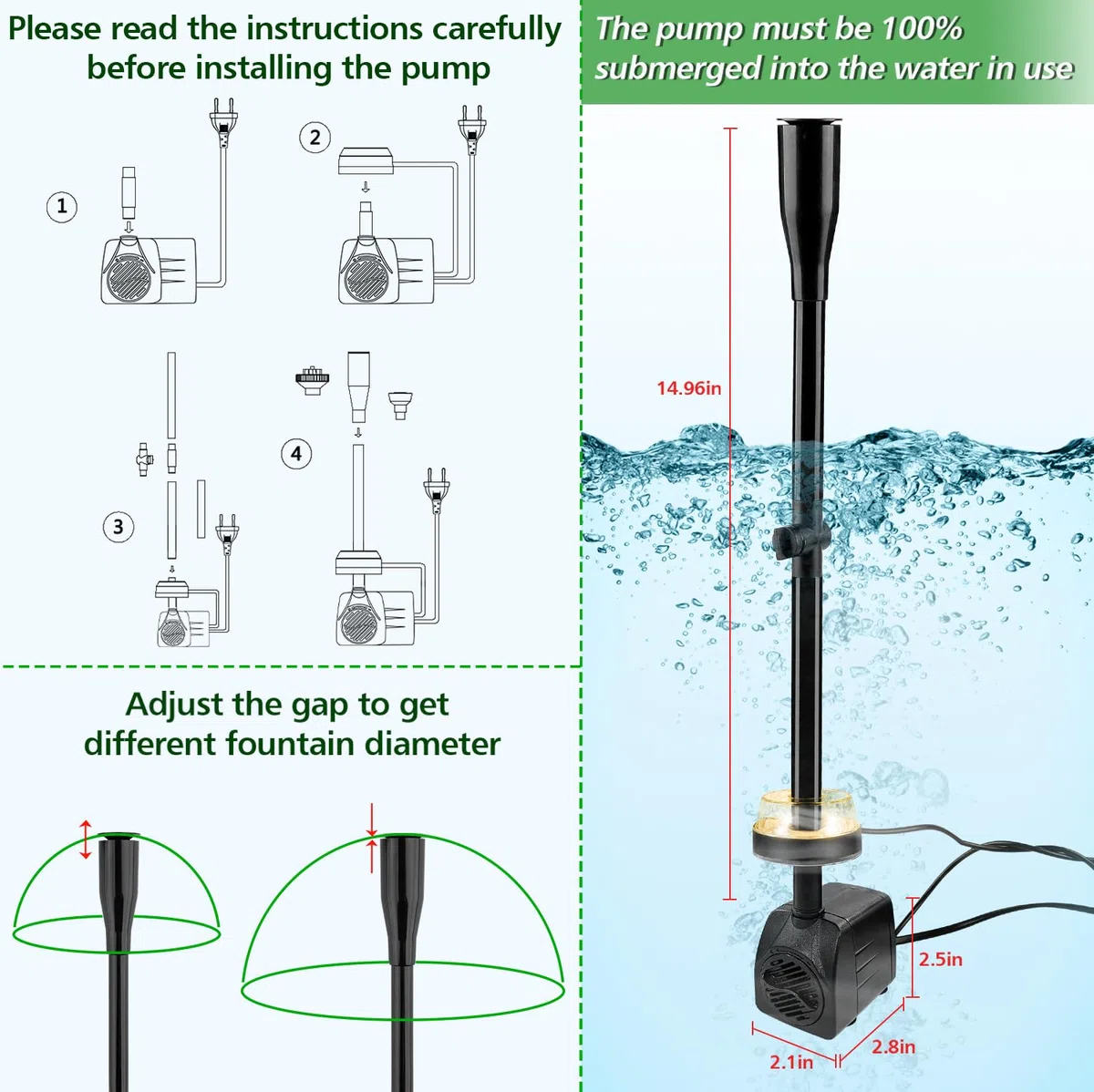 NATPOW Mini Bomba de Agua Sumergible con Luz LED 3000K, 15W 800L/H Bomba de Acuario con 3 Buses Boquillas, Cable 3M, Ultra Silenciosa Bomba para Acuario Fuente Estanque Estatuas