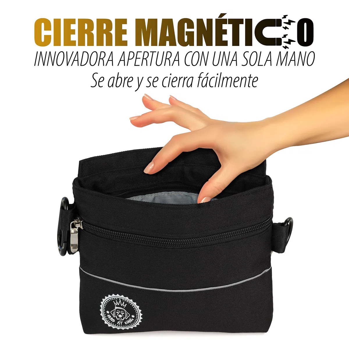 HUND IST KÖNIG Bolsa de premios para perros con bolsillo magnético para una mano, 2 bolsillos con cremallera, bolsillo interior extraíble, correas acolchadas para el hombro, mosquetón gratuito.