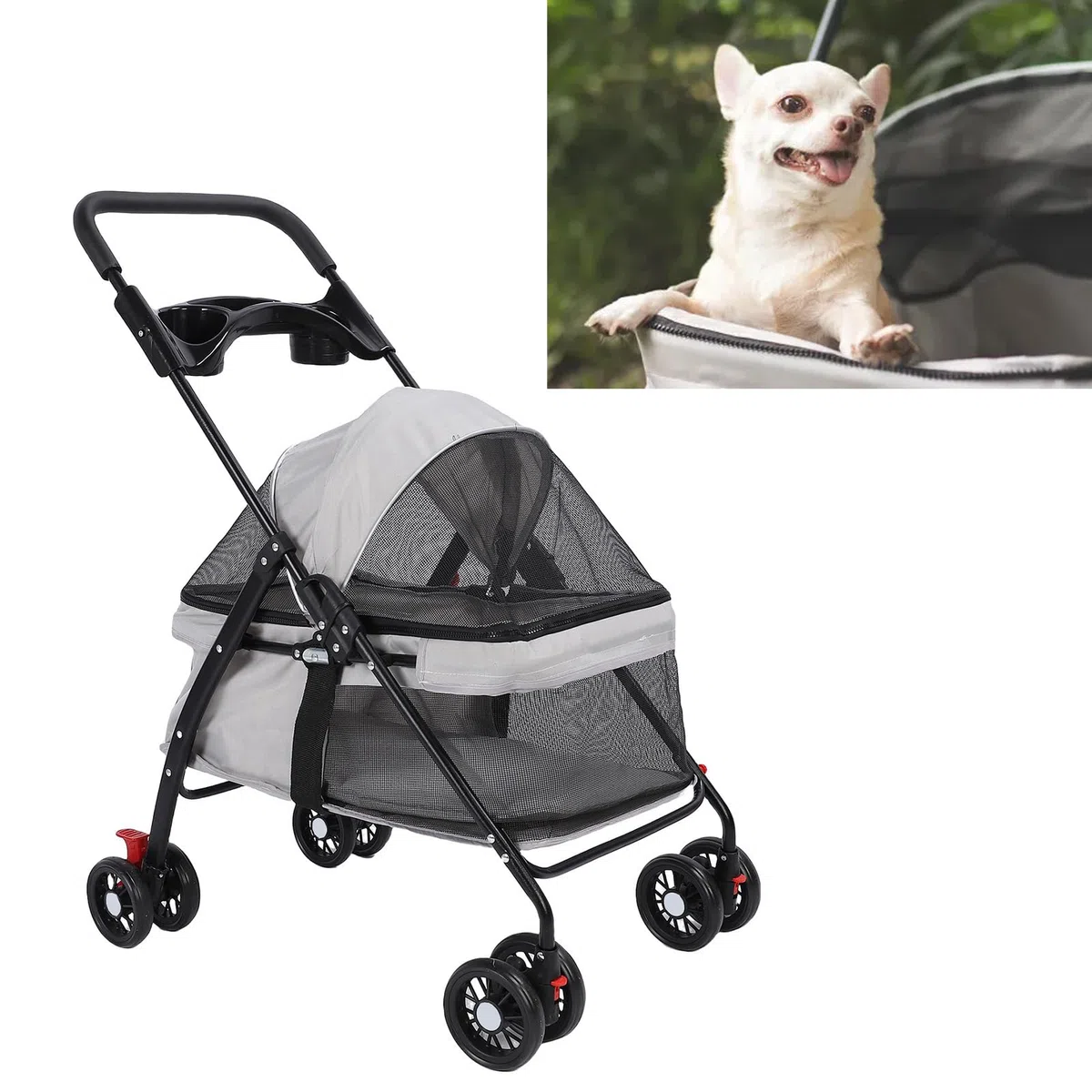 Carrito para Perro Plegable Transpirable con Cesta de Almacenamiento, Portavasos, Ideal Mascotas Medianas y Pequeñas (Mismo Diseño)