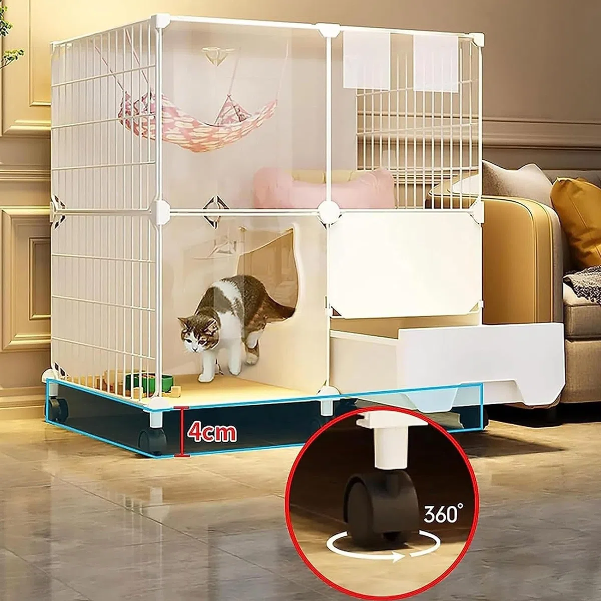 DIY Jaulas para Gatos Grandes, Corral para Gatos con Arenero, con Ruedas, Fácil de Mover. Base de Resina para Proteger Las Patas(107 * 47 * 112cm)