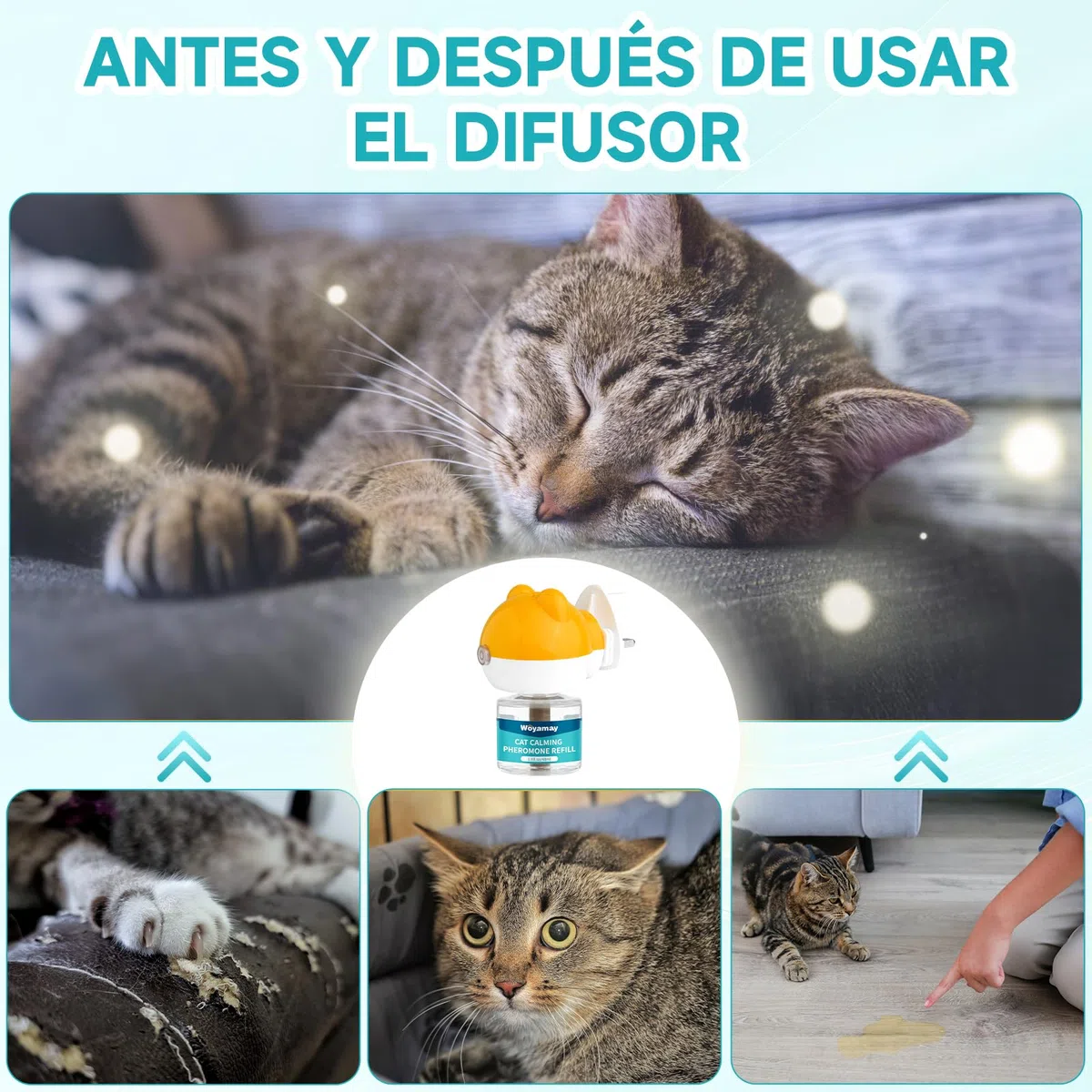 Woyamay Difusor de Feromonas para Gatos y Recambios, Calmante Gatos y Tranquilizantepara Gatos con 2 Difusor + 4 Recambios de 48 ml, Relajante para Gatos hasta 120 Dias