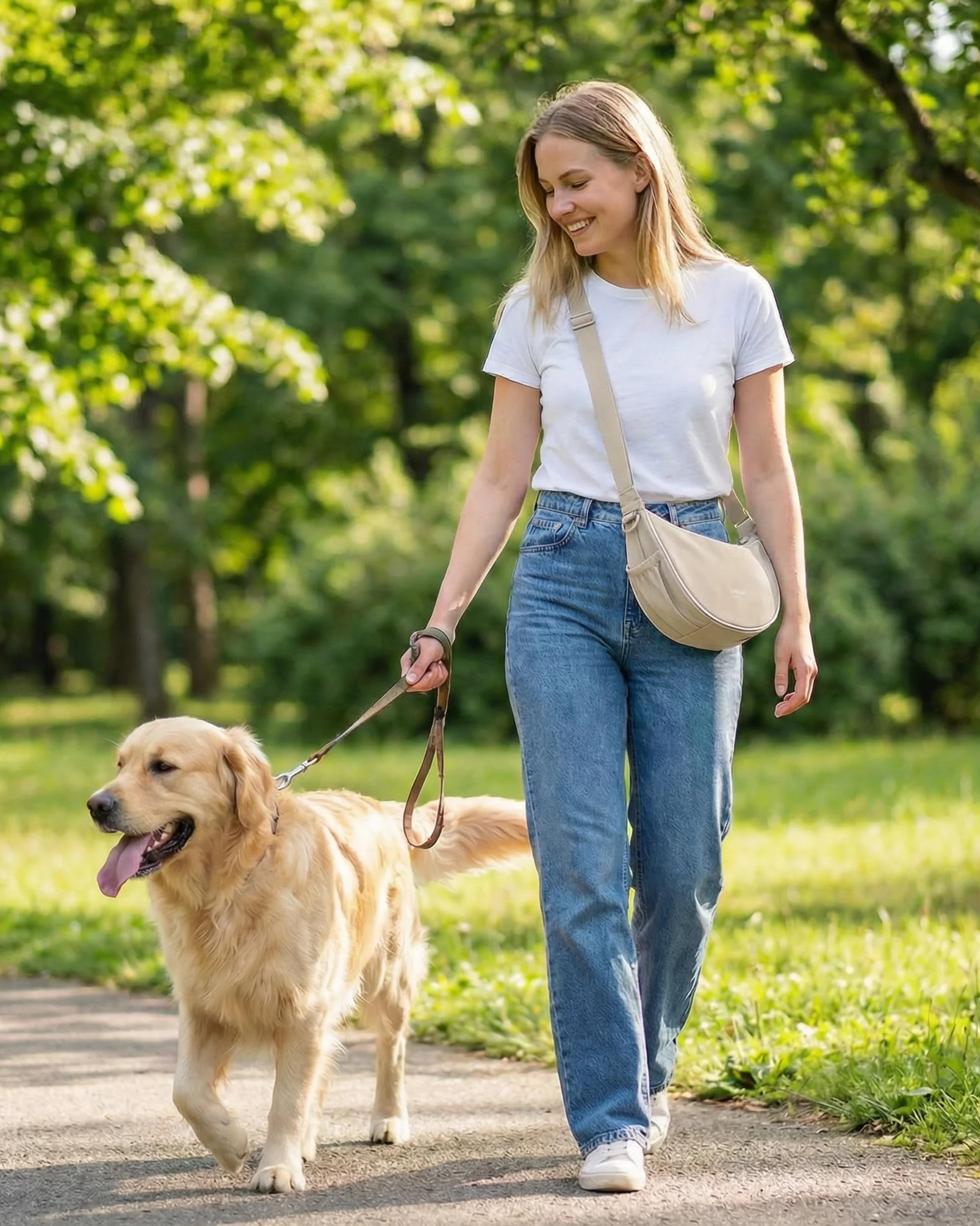 LARKSON Half Moon Bag para Perros Beige - Fiete - Bolso Bandolera para Pasear al Perro Reflectante - Bolsa para Golosinas con Dispensador de Bolsas para Excrementos - Repelente al Agua