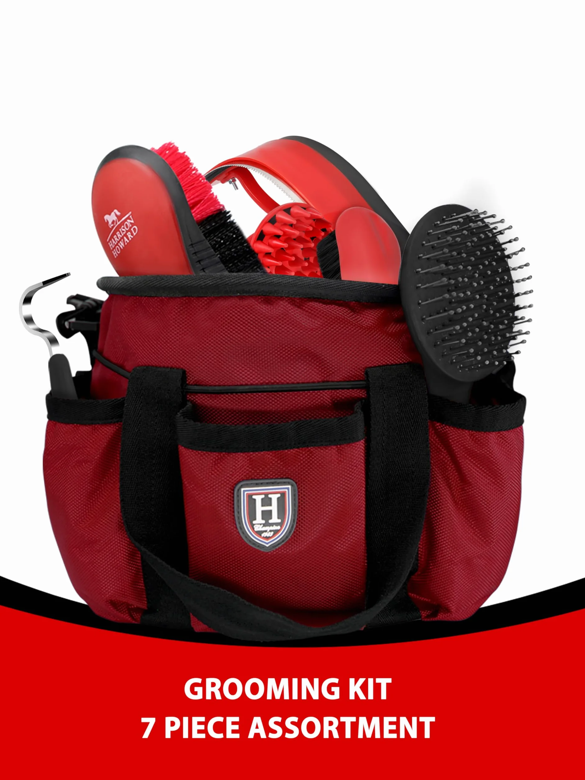 Harrison Howard Kit de cepillos de aseo para caballos de 7 piezas con bolsa organizadora Equine Care Series Juego de cepillos para caballos rojo