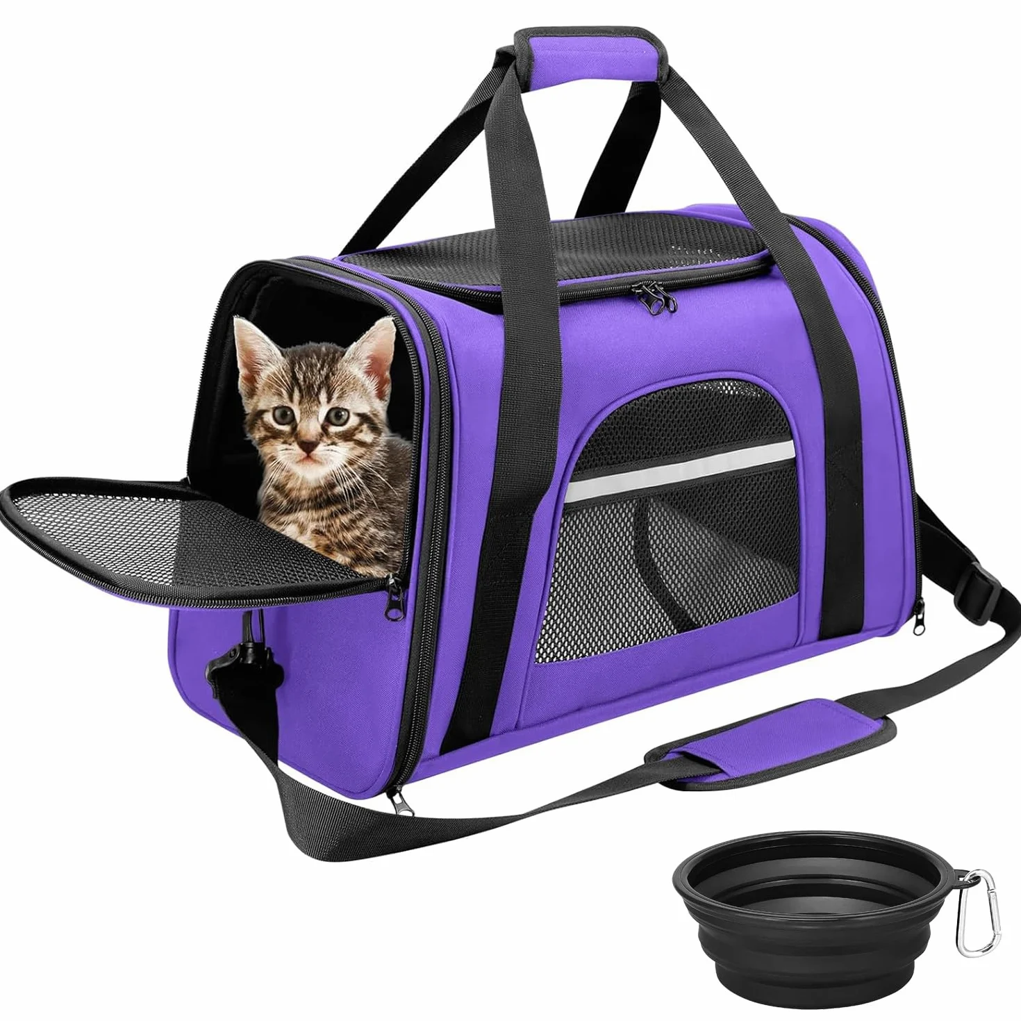 Transportín para Gatos y Perros Bolsa Transporte Transpirable para Mascota Plegable Portador de Viaje con Correa de Hombro Ajustable Transporte de Gato con Colchón Suav Tazón Plegable (Morado)