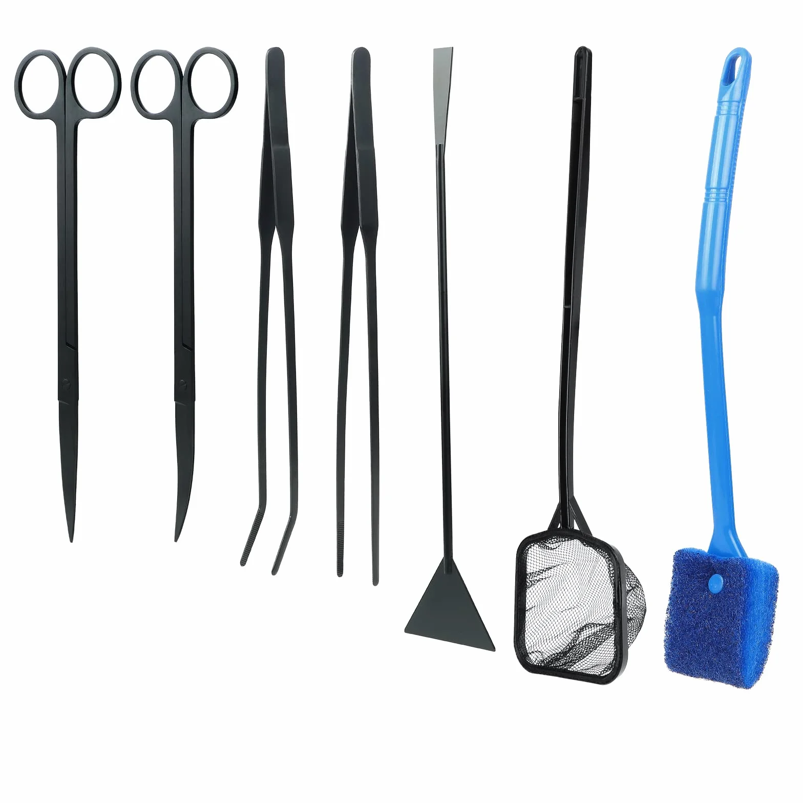 Kit de Herramientas de Acuario Coolty 7 en 1 para Plantas Acuáticas - Pinzas de Tijera de Acero Inoxidable, Herramientas de Limpieza de Acuario, Red de Pesca y Raspador de Algas