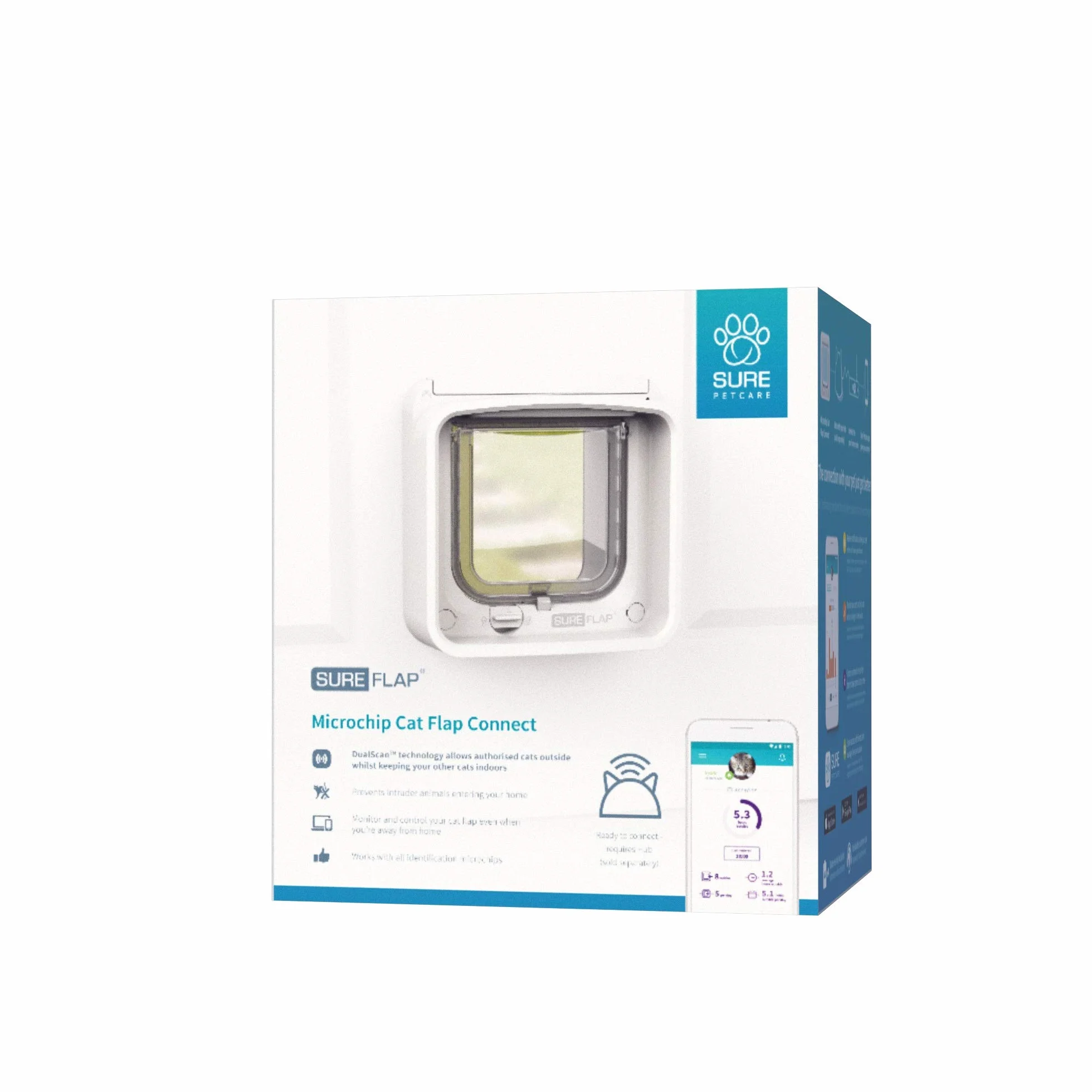 Gatera SureFlap Connect Sure Petcare con Lector de Microchip; tecnología DualScan; con aplicación móvil; para Puertas, Ventanas y Paredes; Blanco; hub Conector; Necesita 4 Pilas AA (no Incluidas).