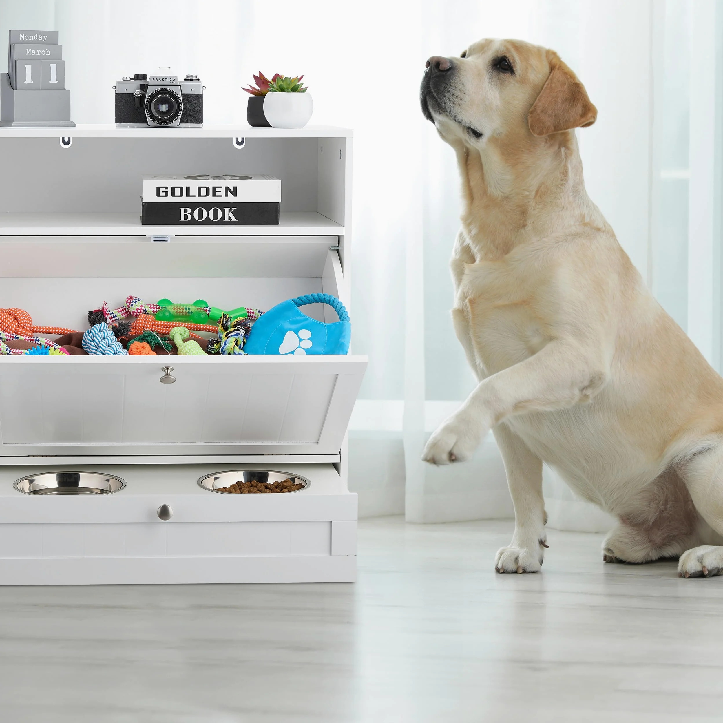 Relaxdays Armario de Comida para Perros, Cajón con 2 Tazones, Espacio para Pienso, 68x60x33cm, MDF, Blanco