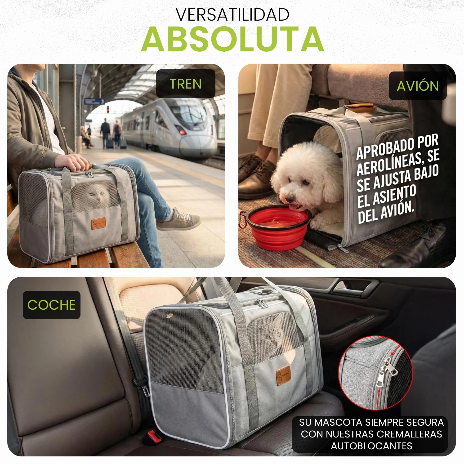 Transportin Perro Gato Plegable y Reforzado con Cama, Bebedero y Juguete de Regalo | Transporte de Gato Viaje Cómodo y Seguro | Bolsa de Transporte Portátil con Ventilación 360º