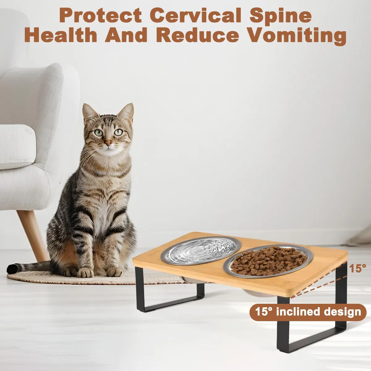 Comedero Gato Elevado con Soporte Bambú & Antideslizante Alfombrilla, Cuencos Perro 250ml Acero Inoxidable Dos, Soporte Madera Inclinado 15º, Comederos para Gatos y Perros Pequeños
