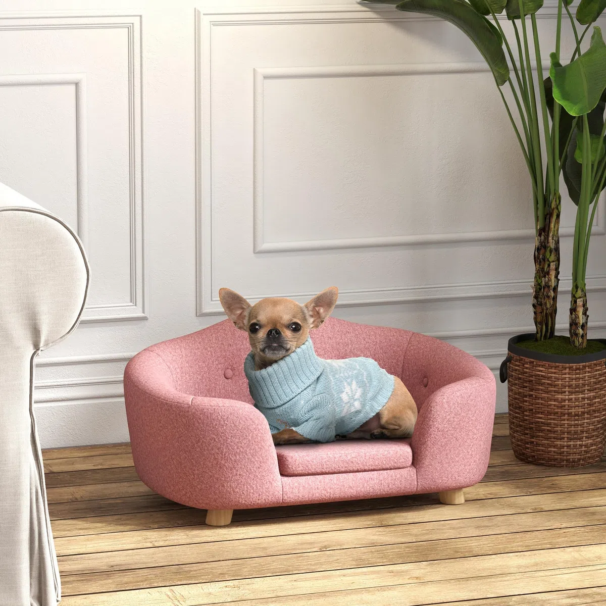 PawHut Sofá para mascotas, alfombrilla para perros, sofá para perros, gatos, sofá con cojín, bolsillo trasero, espuma de pino rosa, 70 x 47 x 30 cm