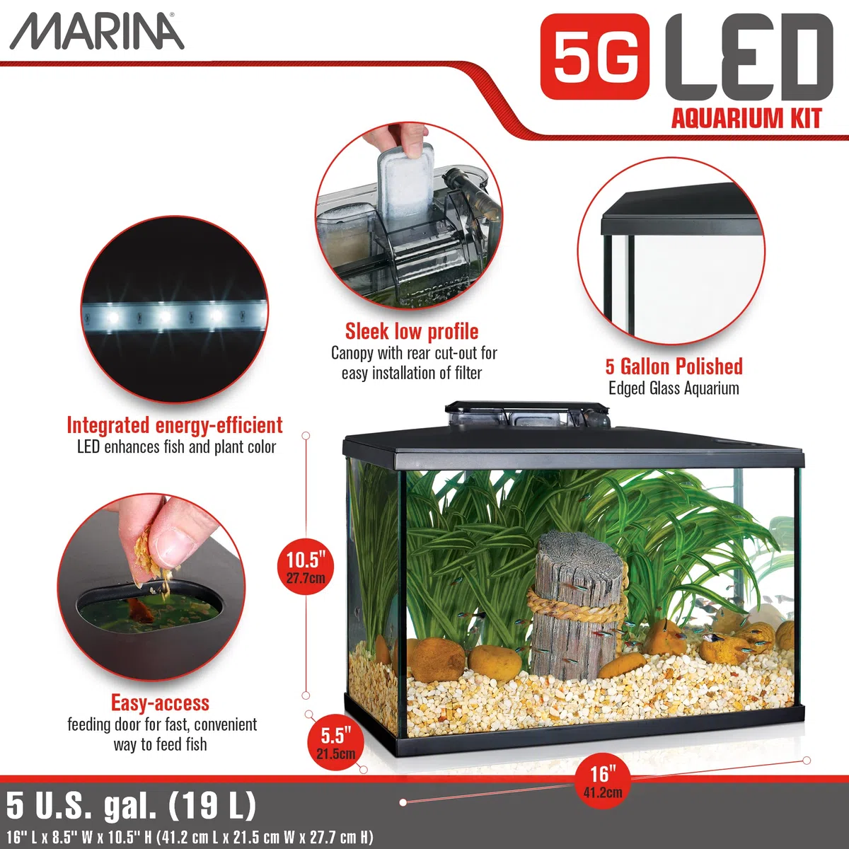 Marina Kit de Acuario con Iluminación LED 5G, 19 L