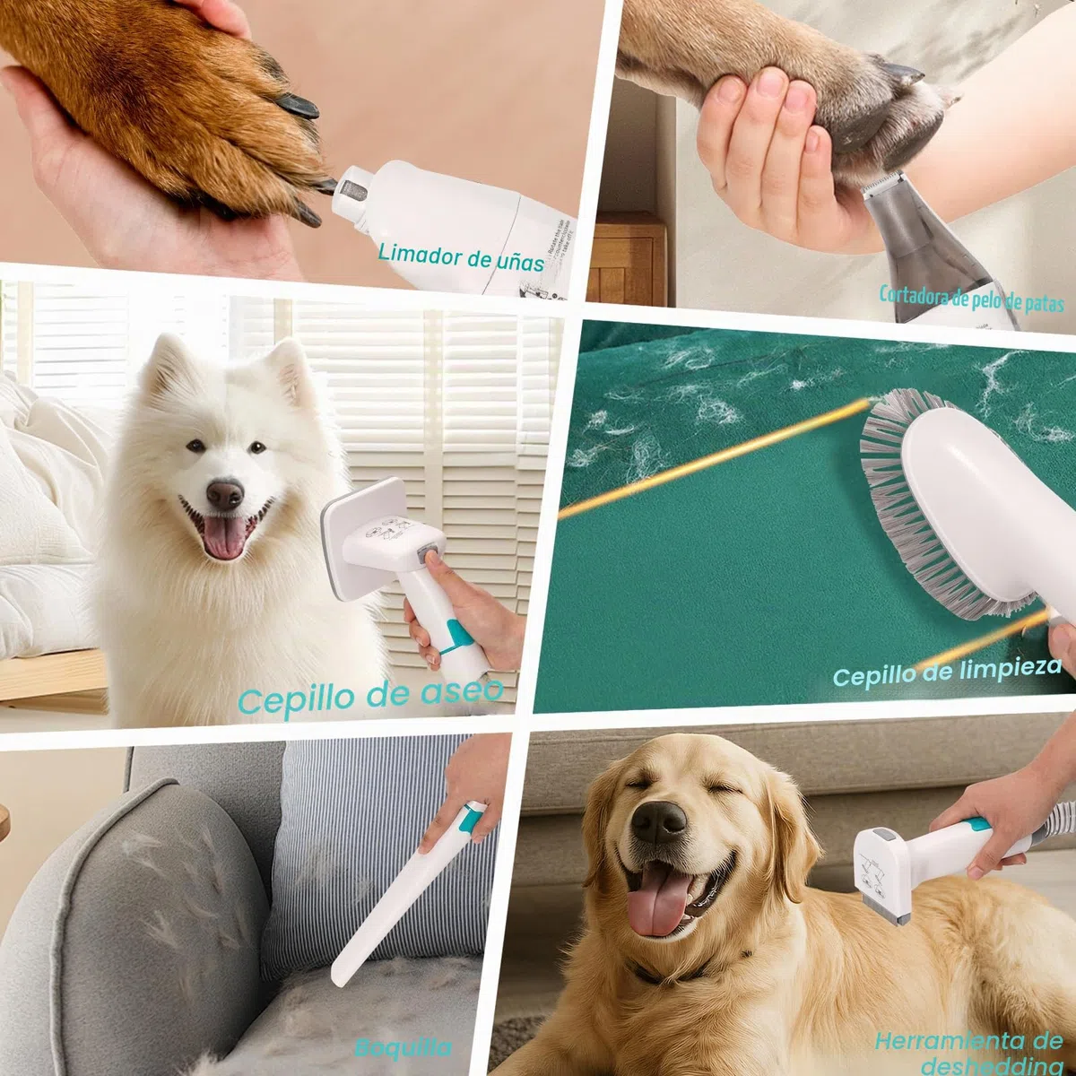 Cortapelo para perros con aspirador, 13000 PA con 7 herramientas de mantenimiento, cortapelo para patas, cepillo, peine, 3 niveles de aspiración ajustables