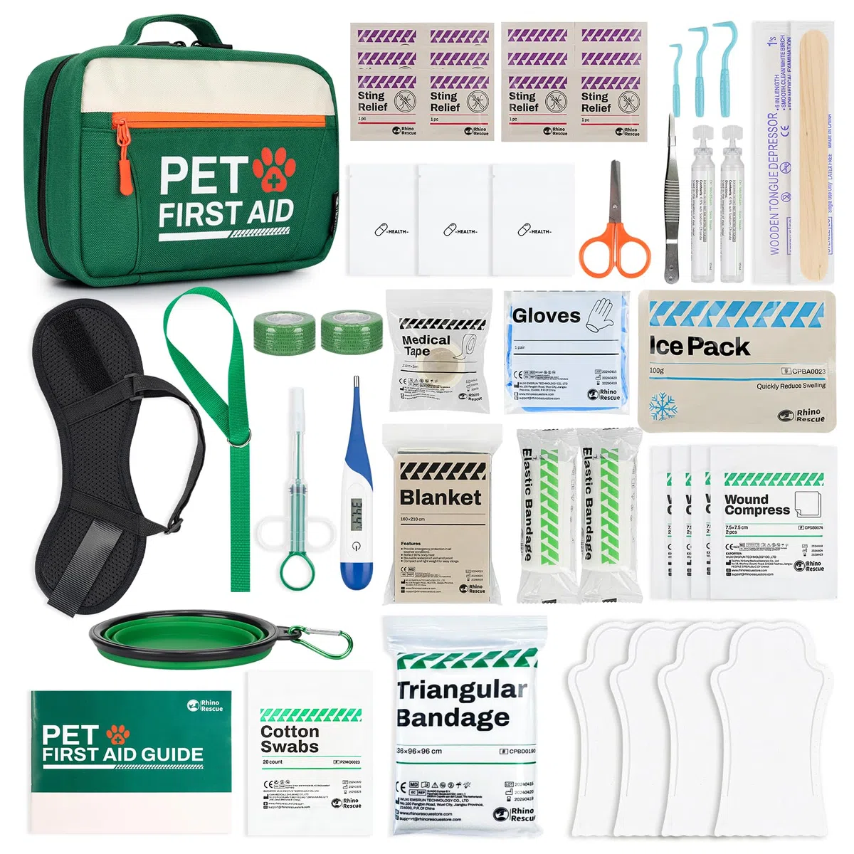 RHINO RESCUE Kit de primeros auxilios para mascotas, equipo de emergencia para perros y gatos, kit básico de seguridad con termómetro, zapatos de protección desechables para el hogar, senderismo