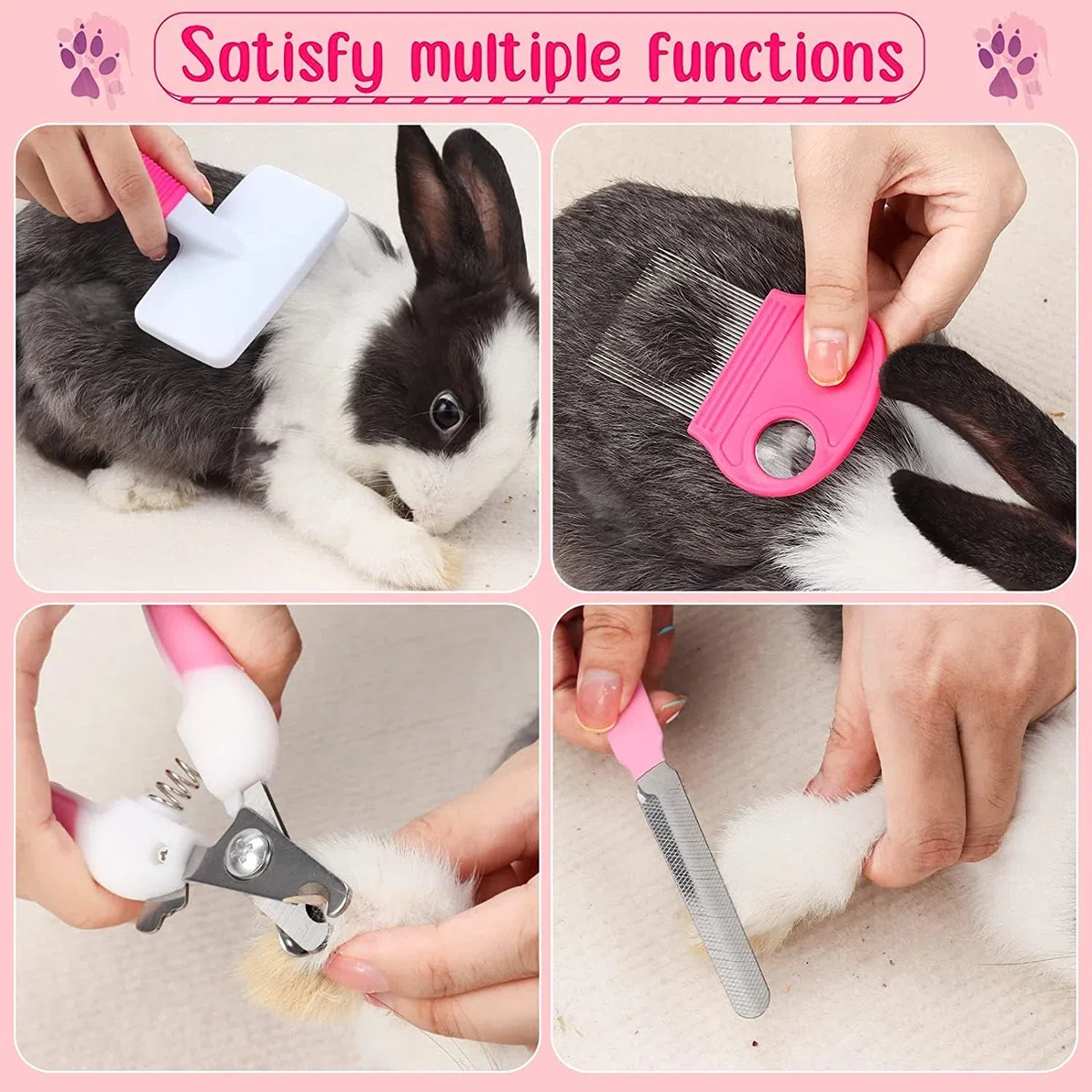MIAOZ Juego de cuidado de conejos con cortaúñas y recortador, quitapelos para mascotas, largo y lima, peine para pulgas, champú, cepillo de baño para conejos, cachorros, gatitos, cobayas, hurones,