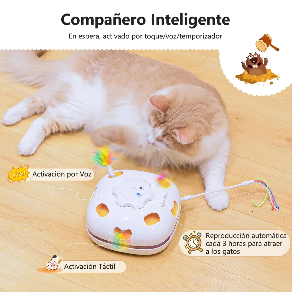 GoldenSun Juguetes para Gatos Recargable, Juguete Interactivo 4 en 1 para Gatos, Escondite, Golpea al Topo, Varita Mágica, Persecución de Plumas, Incluye 4 Repuestos