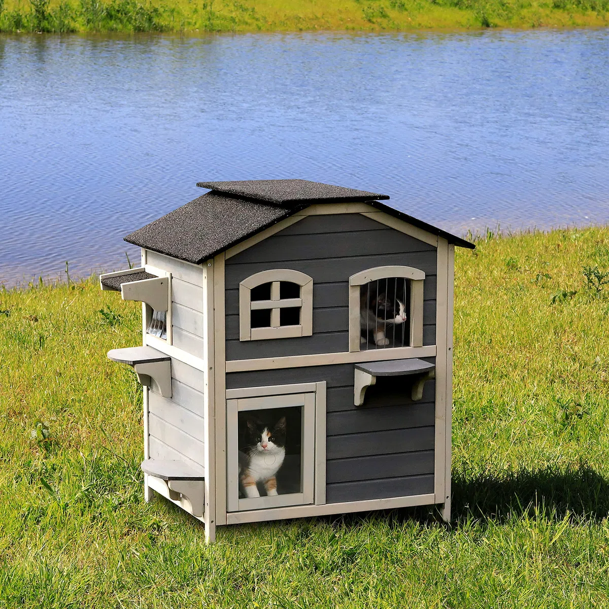 lionto Casa en forma de cueva, Villa para gatos, cabaña 80x55x90 cm, recinto Gris