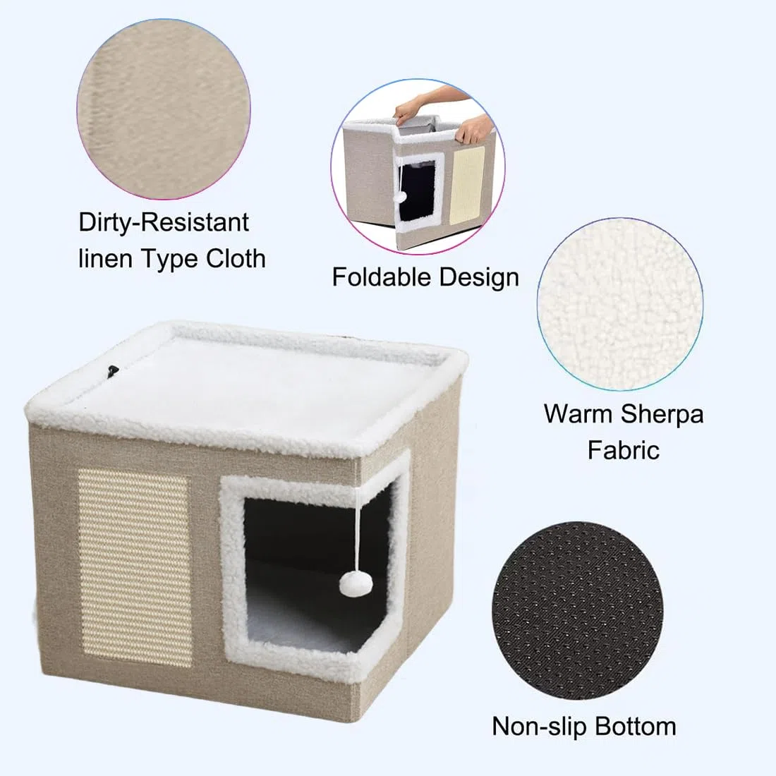 ERNAN Casa para Gatos Interior Plegable con Rascador, Cama para Diversos Estilos de Decoración del Hogar, para Pequeños Animales Interiores (Beige)