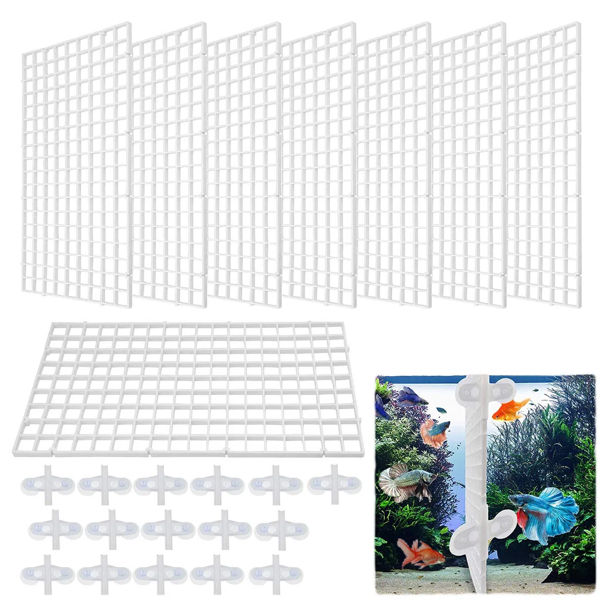 Separador de acuario de 8 piezas, color blanco, plástico, red y divisor, con 16 ventosas