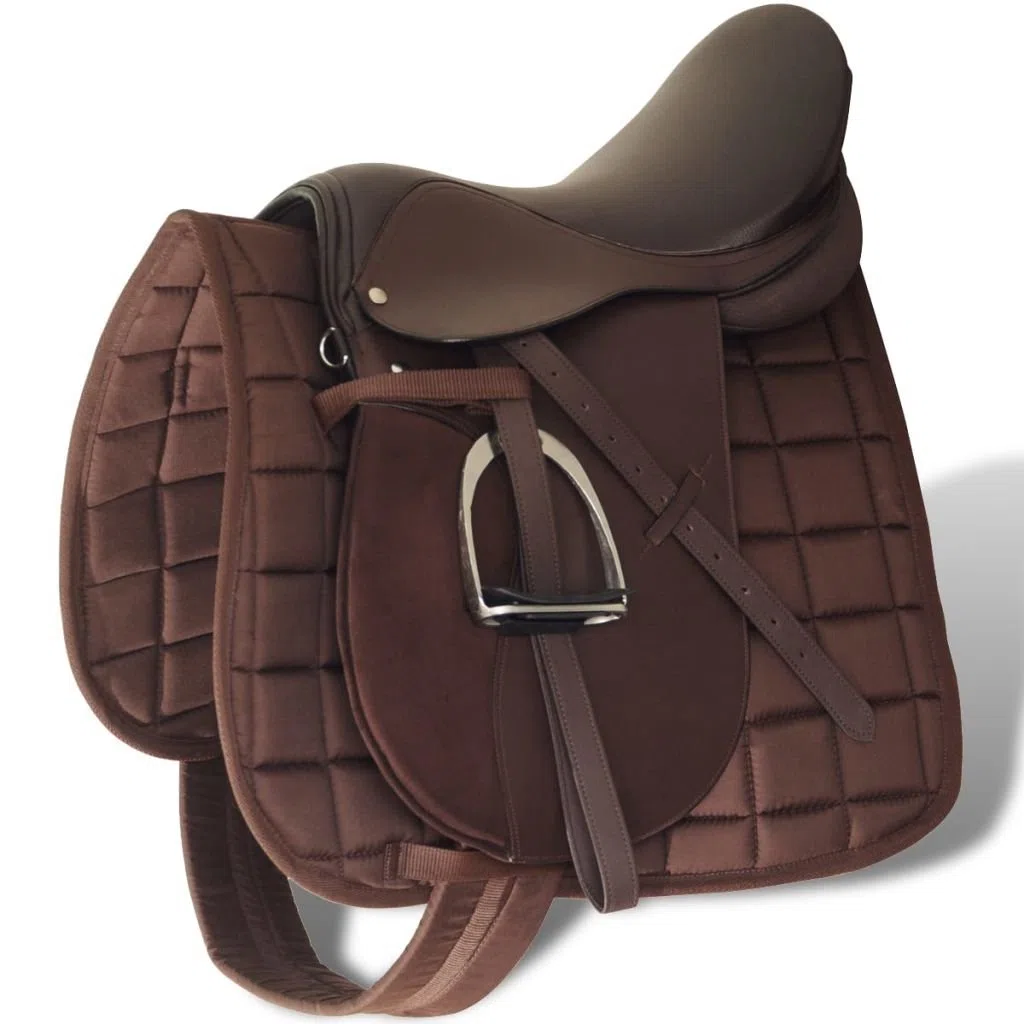 Tidyard Set de Montura de Caballo 5 en 1 de Cuero 100% 17.5 Inch, Cuña de 12 cm Marrón