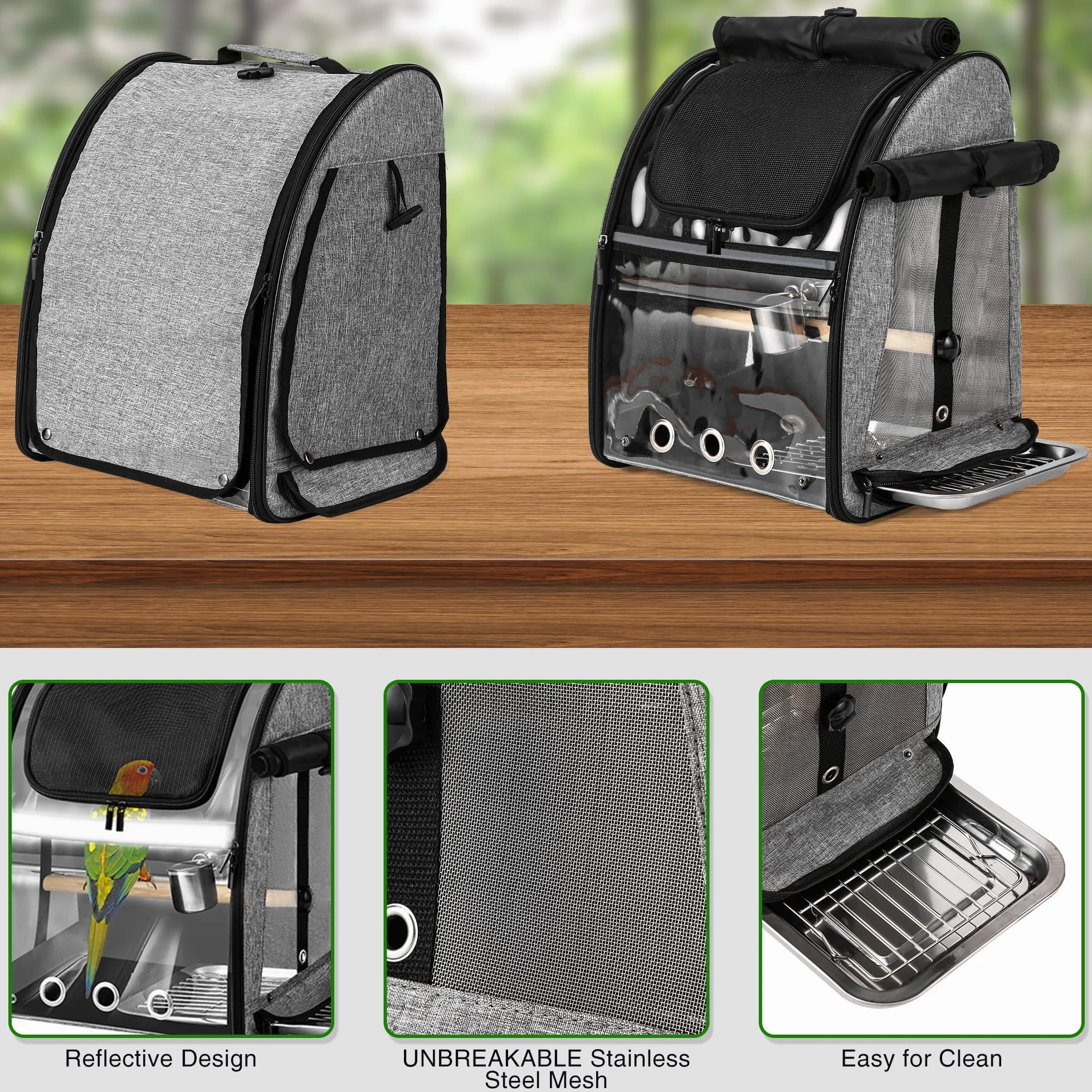 Bolsa transportadora para pájaros con malla de acero inoxidable indestructible, jaula de viaje para pájaros con soporte, mochila fácil de limpiar para loros, bolsa de viaje portátil para