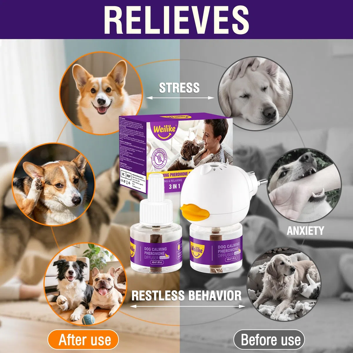 Difusor de Feromonas Relajantes para Perros - Alivio Natural de la Ansiedad y Reducción del Estrés - Favorece la Relajación con Fórmula Segura y Eficaz - Incluye 2 Recambios