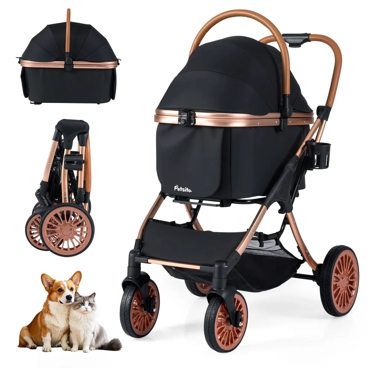 COSTWAY Cochecito para Perros 3 en 1, Carrito para Perros Plegable con Transportín Removible, Sombra Solar, Almohadilla Extraíble, Cinturón de Seguridad, Cesta y Portavasos, Carro Mascotas, Carga 25kg