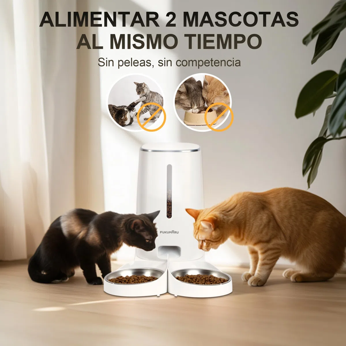 FUKUMARU Comedero Gato Automatico WiFi, 4L Dispensador Comida para Perro/Gato con Dos Cuencos, Programa Personalizado de Alimentación Automática, Funcionamiento por Pilas y cableado eléctrico, Blanco