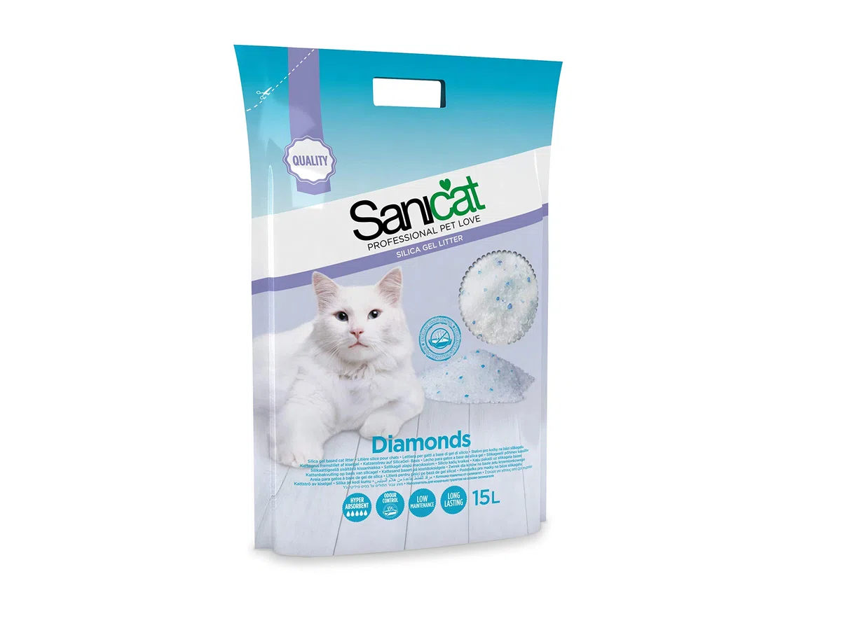 Sanicat Diamonds, Arena Absorbente de Gel de Sílice para Gatos, Sin Olor - 15 L, Blanco