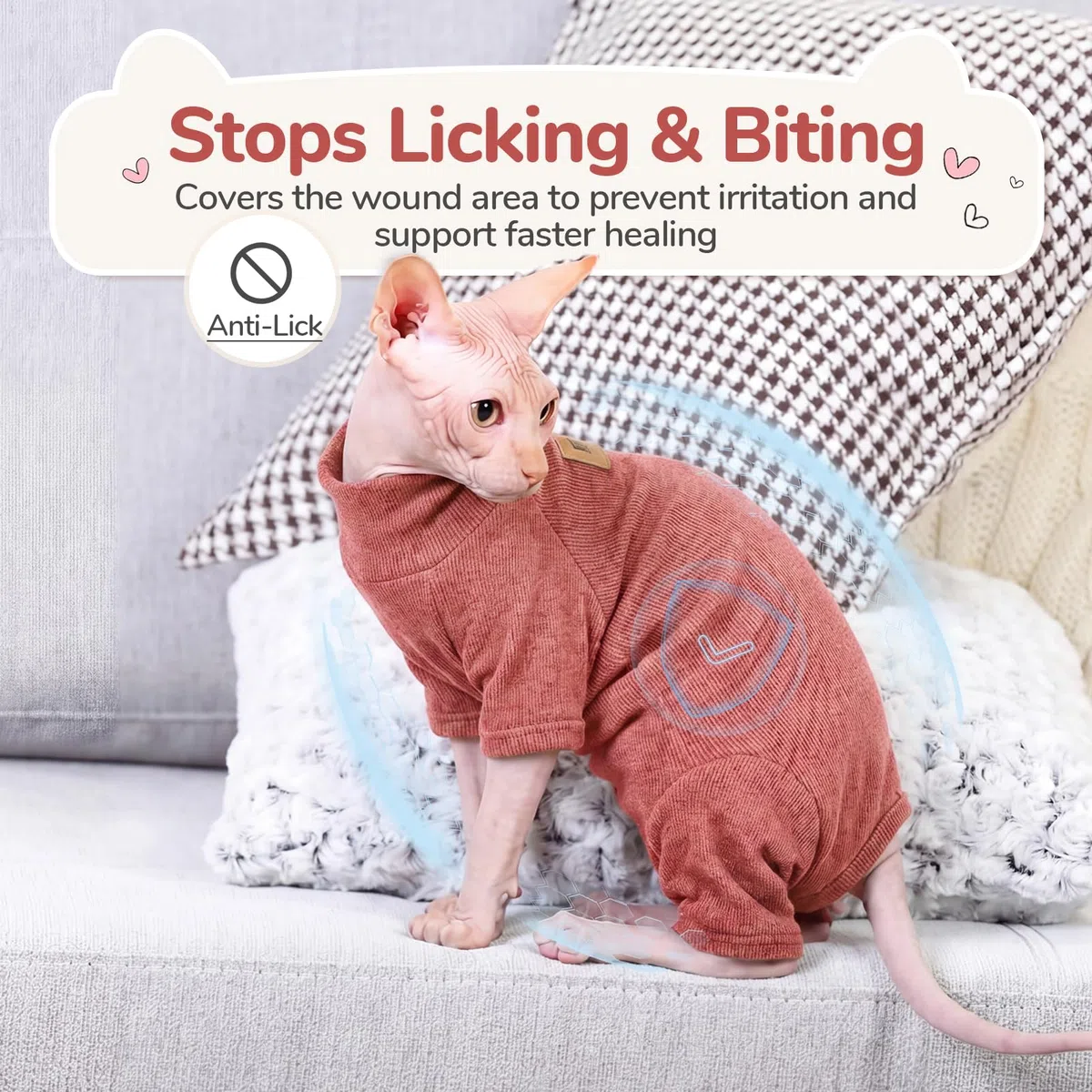Traje Post operatorio Gato, Body Gato sin Pelo, Ropa recuperación Gato Polar cálida, Body Gato elástico 4 Patas, protección Tras cirugía, Rojo Óxido XXL