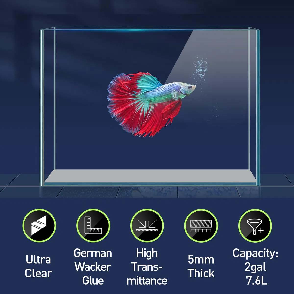 LAQUAL Kit Acuario de 7.6 L con Red, sifón & 2 paños de Limpieza, Cristal Transparente, pequeño Acuario para Betta y Peces Dorados, Bonita decoración del hogar