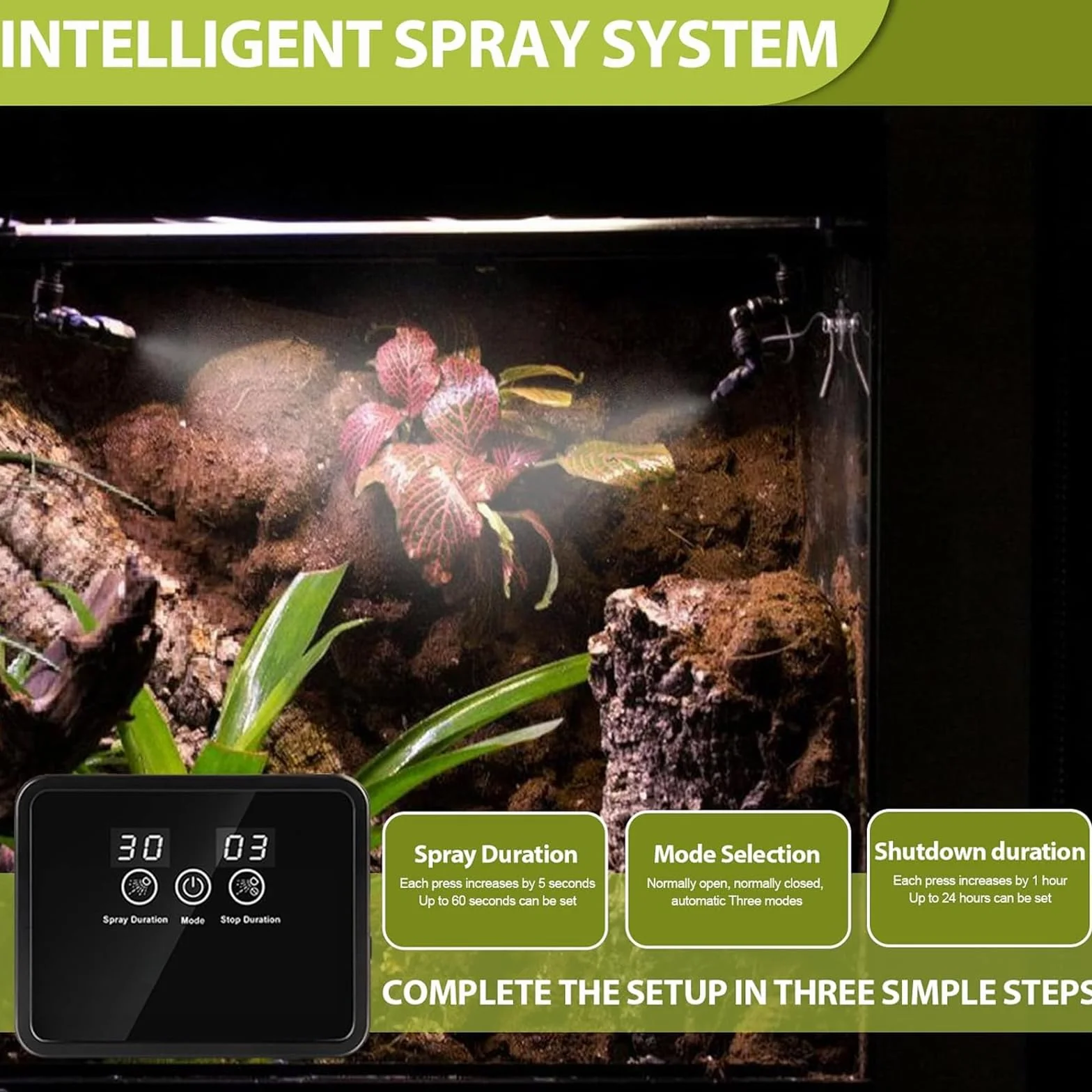 Humidificador de aire para reptiles, sistema de aspersión inteligente de terrario, sistema inteligente de reptiles, atomizador automático con temporizador y boquillas de pulverización ajustables para