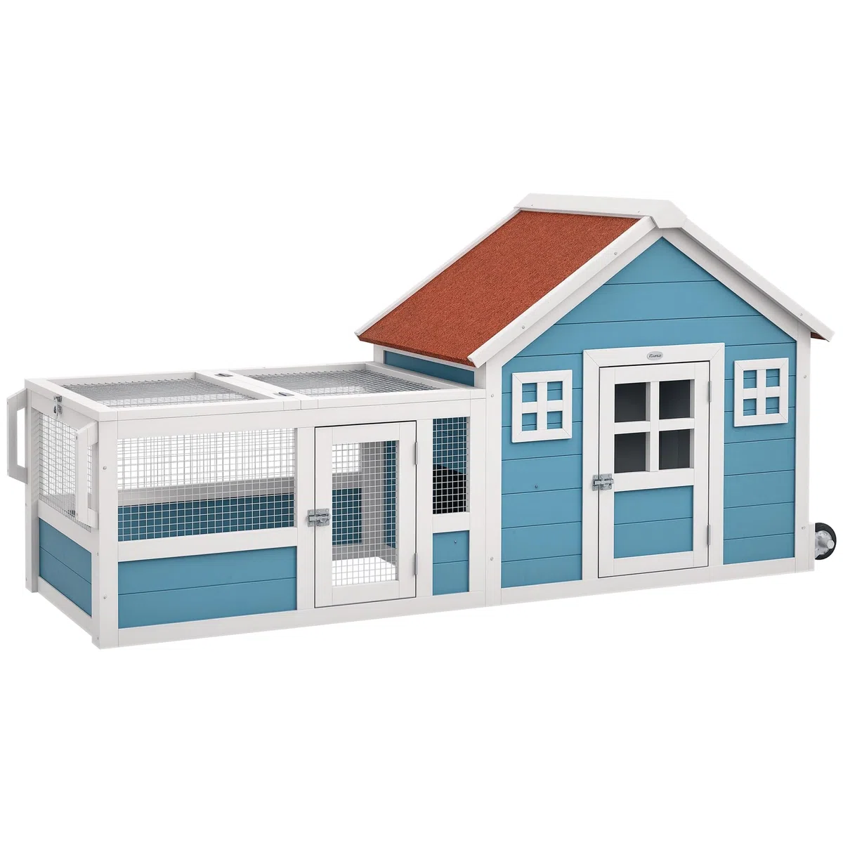 PawHut Conejera Exterior de Madera 162,5x59,2x77,6 cm Jaula para Conejo Grande con 2 Ventanas de Decoración 2 Ruedas 1 Puerta 1 Rampa y Techo de Asfalto Azul