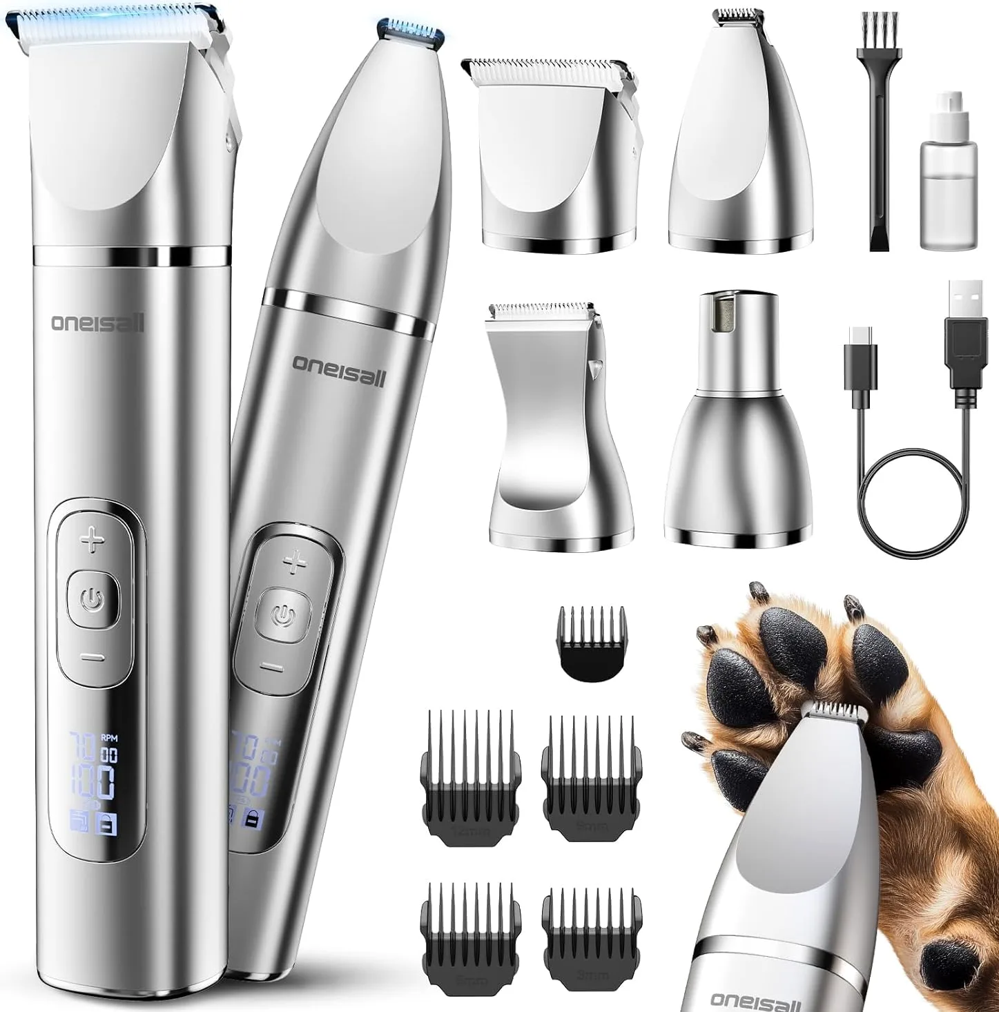 oneisall 4 en 1 Silencioso Maquina cortar pelo perros y Gatos, Impermeable IPX7 Cortapelos Perros, Profesional Maquina de Cortar pelo Perro&Cortapatas&Pulidora para Cuerpo, Patas, Ojos, Orejas y Cara