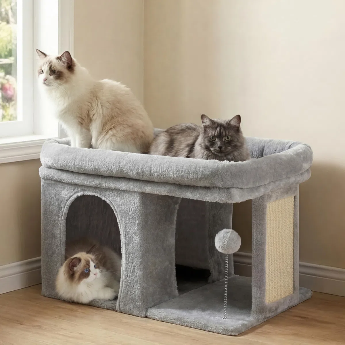 Heybly Rascador para Gatos, Árbol para Gatos de 35 cm con Amplia Plataforma y Acogedora Casita, Adecuado para Gatos Adultos, con Tablero de Sisal y Pelota de Felpa, Gris Claro HCT203SW