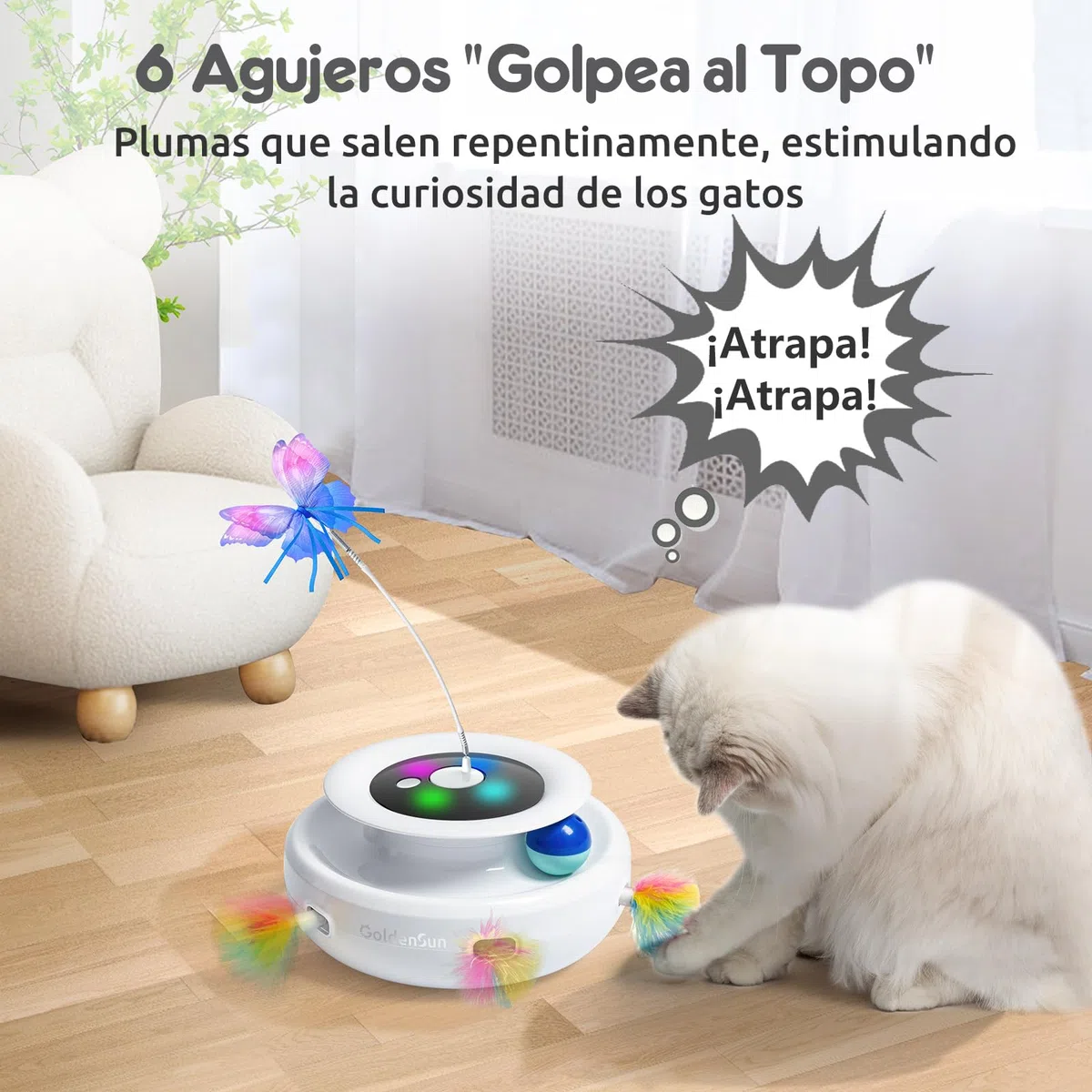 GoldenSun Juguetes para Gatos Recargable, Juguete Automático para Gatos 3 en 1, Pluma Móvil de Emboscada, Mariposa Aleteadora, Bolas de Rastreo, Golpea al Topo, Incluye 4 Accesorios