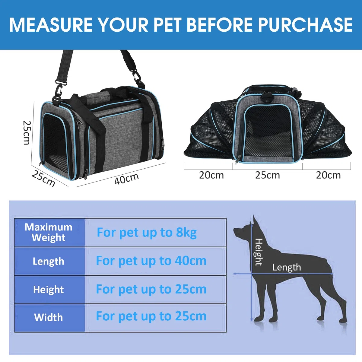 Transportín Gato Perro Extensible，Bolsa de Transporte para Mascotas Plegable Transpirable，con Colchón Suave y Hebilla de Seguridad para Coche Avión Viaje Tren-Gris