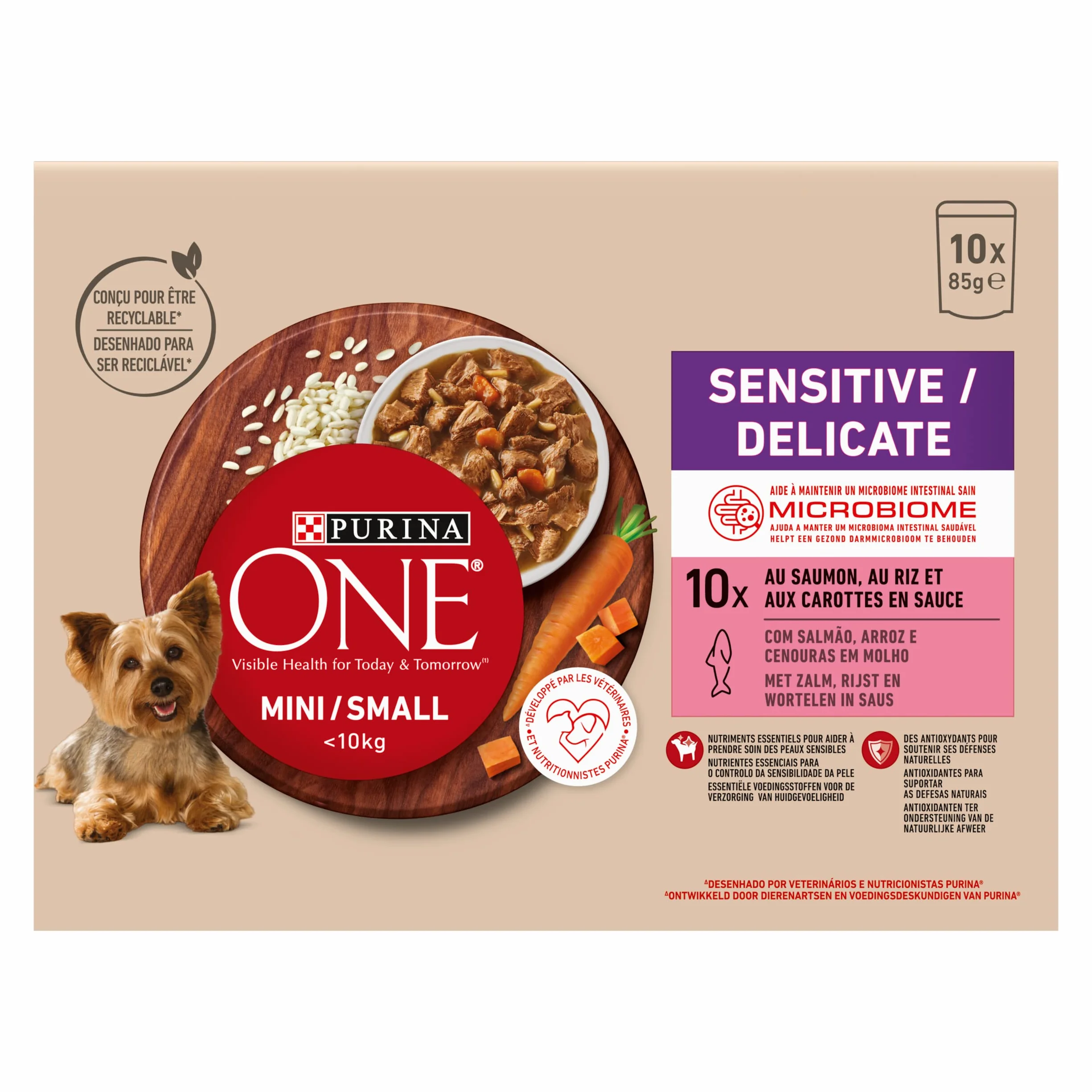 PURINA ONE Mini/Small <10 kg Sensitive/Delicado, Afilado con salmón, arroz y zanahorias en salsa para perros adultos de tamaño pequeño | Digestión sensible bolsas de comida 10 x 85 g | Lote de 6