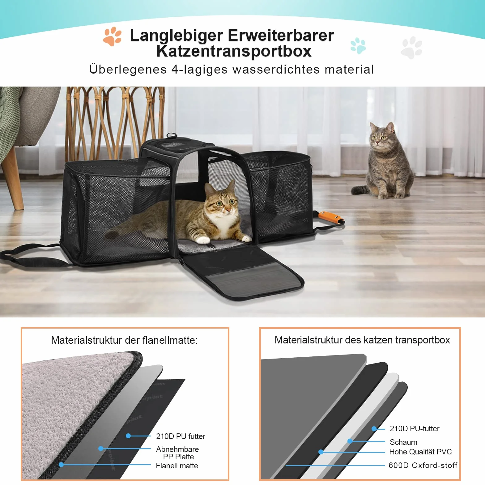 Morpilot Transportador para Gatos, Bolso expandible de 2 Lados para Gatitos y Cachorros de hasta 7 kg, Bolso Plegable de Viaje para Gatos Aprobado por la aerolínea con Almohadilla Lavable 45x36x30cm