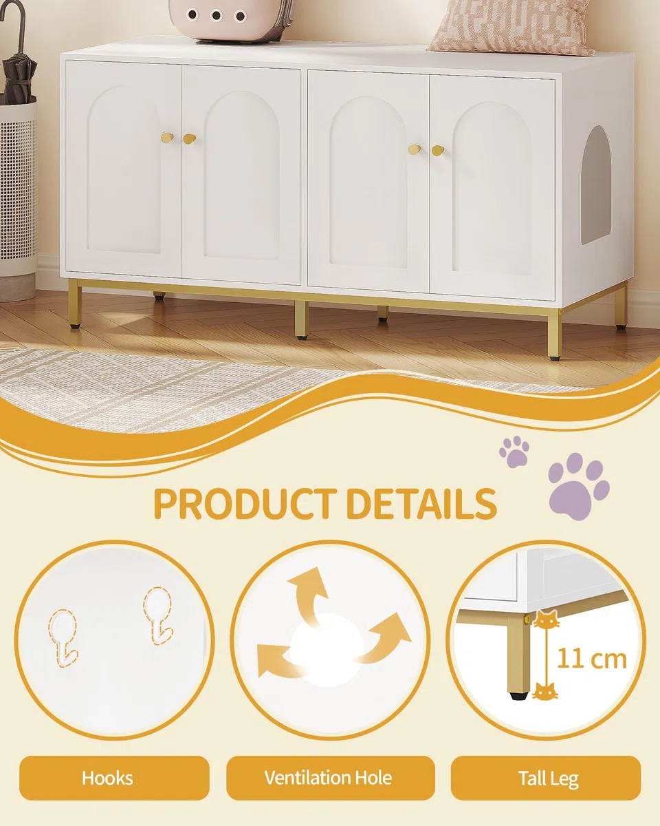 Hzuaneri Caja de Arena para 2 Gatos, 119cm Mueble para Caja de Arena Oculta, Casa de Madera para Mascotas, Mueble de Almacenaje, Se Adapta a la Mayoría de Arenero Gato, Blanco-Oro CB82313A