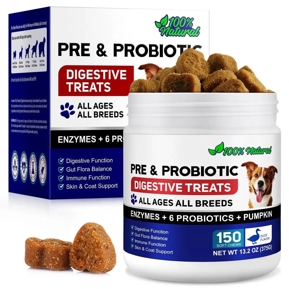 Probióticos para perros, 150 probióticos para la salud intestinal de los perros, pre y probióticos para el apoyo a la salud digestiva del perro, aumenta la salud intestinal y la inmunidad, sabor a