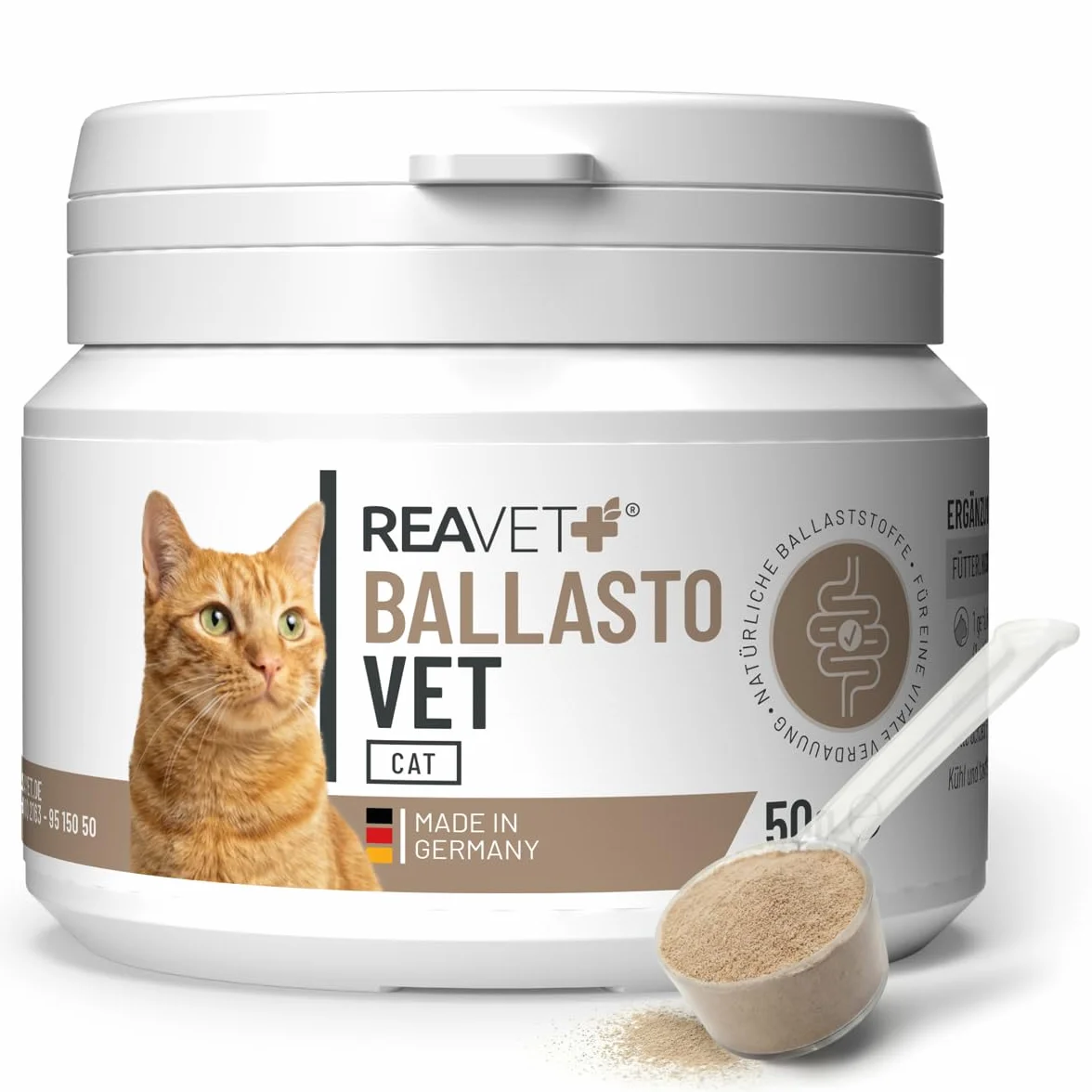 ReaVET BallastoVET para gatos 50 g – Soporte rápido para estreñimientos, para estreñimientos agudos y crónicos y heces sólidas, ayuda digestiva, ayuda rápida en caso de inercia intestinal