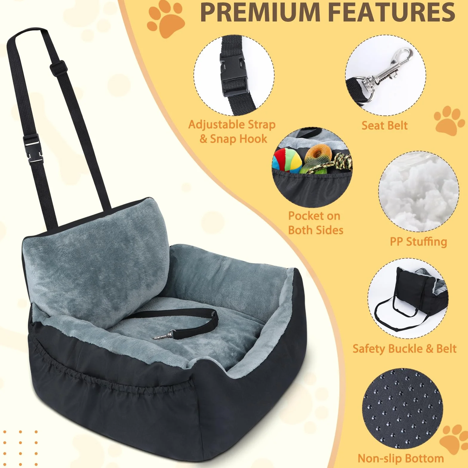 Lannvan Asiento Perro Coche Pequeño, Cama Perro Coche Suave y Mullida, Asiento Coche Perro Extra Estable con Cojín Desmontable y Lavable, Correa de Seguridad y Bolsillos Laterales para Guardar Cosas