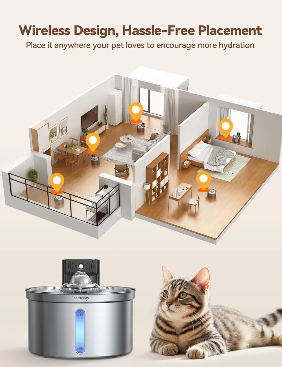 Fuente de Agua para Gatos Inalámbrica Inteligente con Sensor FEELNEEDY FN-W19 3.5L, Separación Agua-Batería 4000mAh, Bebederoen Acero Inoxidable 304, 3 Modos, 1 Filtro de Carbón Activado